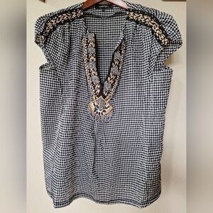 Nanette Lepore Womens Bohemian Beaded Cap Sleeve Gingham Top. Size 6